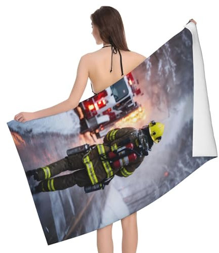 Rich&Rabbit Badetuch mit Feuerwehrmann-Motiv, übergroß, weich, flauschig, Mikrofaser, schnell trocknend, saugfähig, Strand-Handtücher, Weiß