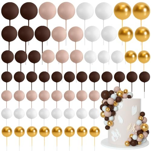 Bouiexye 75 Stück Cake Topper Decoration Tortendeko Kugeln Deko Torte Kuchendeko für Geburtstag Party Babyparty Kuchendekoration Hochzeit(Braun Gold Weiß Serie)