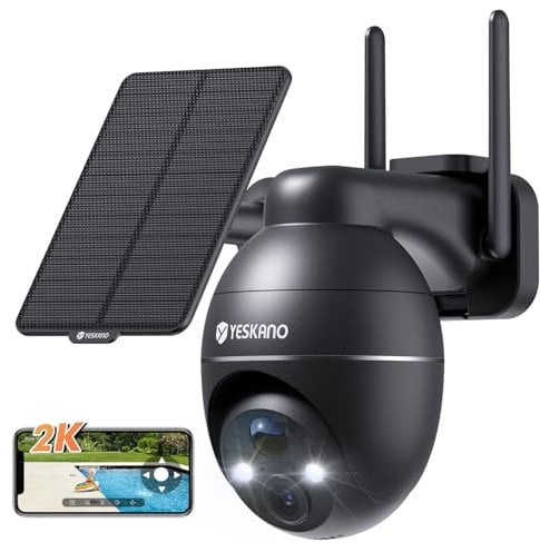 YESKANO Camara Vigilancia WiFi Exterior Solar, 2K Cámaras de Vigilancia sin Cables, 360° PTZ,visión Nocturna de Color,2.4 GHz Wi-Fi, Detección de IA, PIR Sirena,IP66 (Negro)
