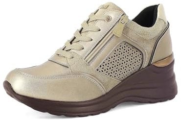 inblu Sneakers Donna con Lacci e Cerniera, Traforo Fiorato Laterale e Tacco 6cm, Scarpe da Ginnastica, Platino, 35 EU