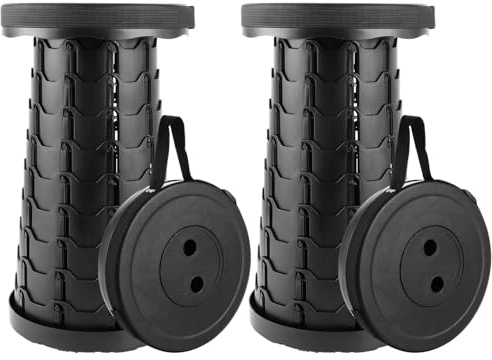 LOPYXBR 2 Piezas Taburete Plegable Redondo, Taburete telescópico Plegable Ajustable de 6 a 45 cm con Correa, Carga hasta 200 kg para Camping, Pesca y Viajes Negro