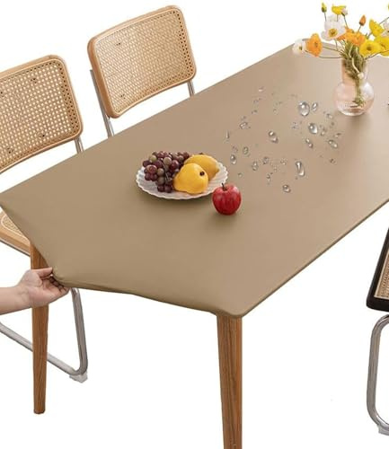 Mateju Tischdecke Abwaschbar Rechteckig 90x140cm, Outdoor Lotuseffekt PVC Gartentischdecke, Elastisch Wischbare Gummiband Tischdecke, Khaki Tischtuch Kratz-Schmutzabweisend