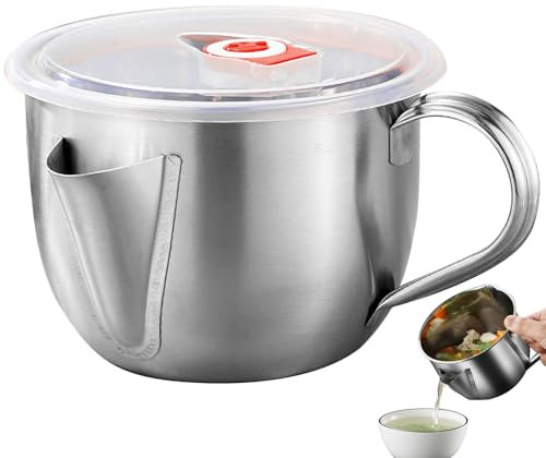 Veesper Fettabscheider -Krug 1L Nahrungsmittelqualität Edelstahl -Soßenscheiderkrug mit Deckel und 2 Auslässe Speckfettbehälter Speiseölfilter für Küchenvorräte