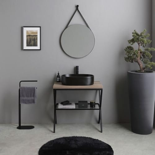 Kiamami Valentina Mueble de baño de Suelo de 80cm con Espejo Redondo y Lavabo Negro