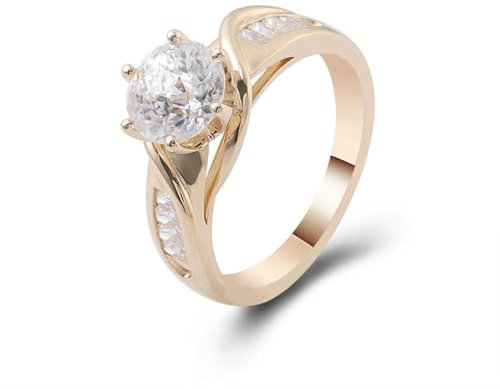 Wycian Damen Ring Verlobung, Damenring 62 9 Karat Gelbgold 9K 2 Moissanit 2Ct Rundschliff Weiß Npassbar Für Geburtstag Ring Mit Gravur Für Frauen
