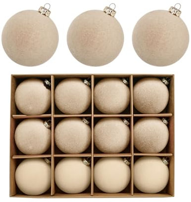 12Pcs Beflockte Weihnachtskugeln | Velvet Christmas Balls | Flocked Christmas Tree Ball Ornaments | Weihnachtsbaumkugeln | Weihnachtskugel-Baumschmuck | Für Geburtstag, Neujahr, Weihnachten (Beige)