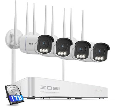 ZOSI 4K Wireless CCTV Camera System, 4Pcs 5MP Wi-Fi 6 Security Camera Outdoor, 8CH 4K NVR with 1TB HDD, 3K Full Color Night Vision, F1.0 Large Aperture, AI Detection and Alarm Lights