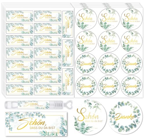 HOWAF 12 Bögen-348pcs Aufkleber Schön dass du da bist, Sticker Hochzeit Gästebuch, Aufkleber Hochzeit Eukalyptus, Sticker Danke für Gastgeschenke Hochzeitsdeko, Taufe, Kommunion, Konfirmation