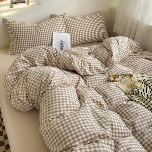 Bettwäsche 200x200 Kariert Braun Modern Bettbezug + 2 Kissenbezug 80x80 | Bettwäsche Set, Braun Kariert, Landhausstil Karo Geometrisch, Karomuster, Aesthetic, Microfaser, Reißverschluss
