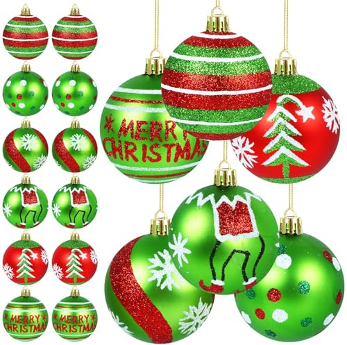 12 Stück Weihnachtsdeko, Weihnachtskugeln, Kunststoff Christbaumkugeln, Weihnachtsbaum Dekoration Set Plastik Weihnachten Deko mit Anhänger Elfen Thema Rot Grün Weiß