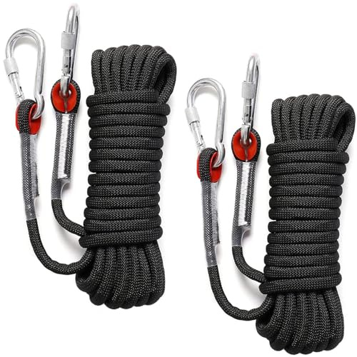 TOMIUS 2Pcs 10mm x 10M Multifunctional Black Nylon Rope with Carabiners Solide Durable Outdoor Rope for Clim bingRopes Hanging Hiking Fixing Fishing