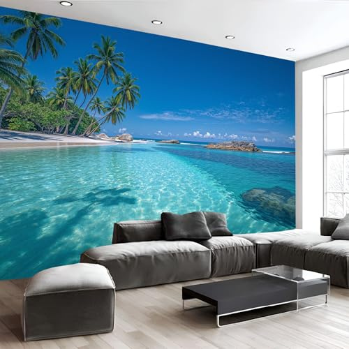 Fototapete Tropen Insel 3D Effekt Tapete, Strand Meer Motiv Wandbild Seidenstoff Wandtapete, Wohnzimmer Schlafzimmer Kinderzimmer Wanddeko, Grün ‎150x105cm (B×H)