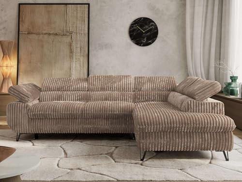 MKS MEBLE Ecksofa Wohnlandschaft L-Form mit Schlaffunktion und Bettkasten, Schlafsofa mit Bettkasten, Sofa mit Einstellbare Kopfstützen, Pablo L - Cord - Rechts Braun mit T25 Topper