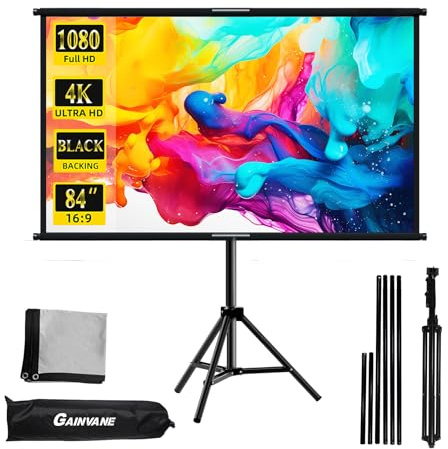 Projector Screen with Stand,Indoor Outdoor Projection Screen with Black backing,16:9 HD Premium Wrinkle-Free Tripod Screen For Projector with Storage Bag (Miracle-84-DAN-UK)