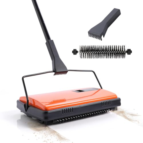 CLEANHOME Manual Carpet Sweeper, Newly Upgraded Orange Model | No Noise I No Cord,0.6L Transparent Dustbin、Brush Included,Specially designed for removing hair and debris from carpets