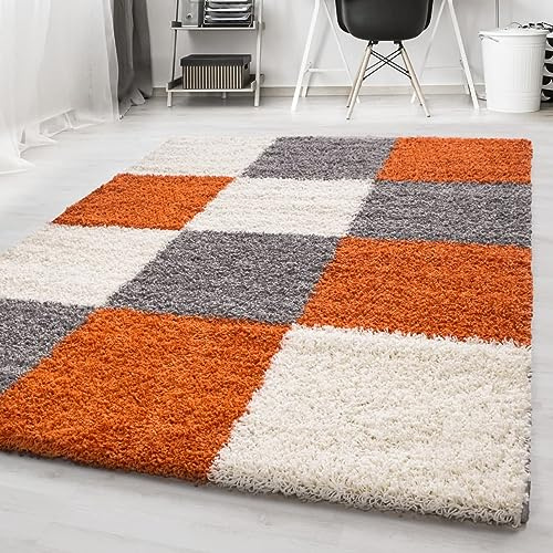 KADIMA DESIGN Hochflorteppich Karo-Muster Weich Flauschig Waschbar Strapazierfähig Terrakotta 60x110 cm Wohnzimmer Schlafzimmer Fußbodenheizung geeignet Schadstoffgeprüft Flur Oeko-TEX | RHEIN