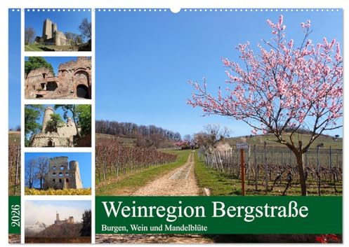Weinregion Bergstraße Burgen, Wein und Mandelblüte (Wandkalender 2026 DIN A2 quer), CALVENDO Monatskalender: Viele Touristen schätzen die Vielfalt der ... Fachwerkstädtchen. (CALVENDO Orte)