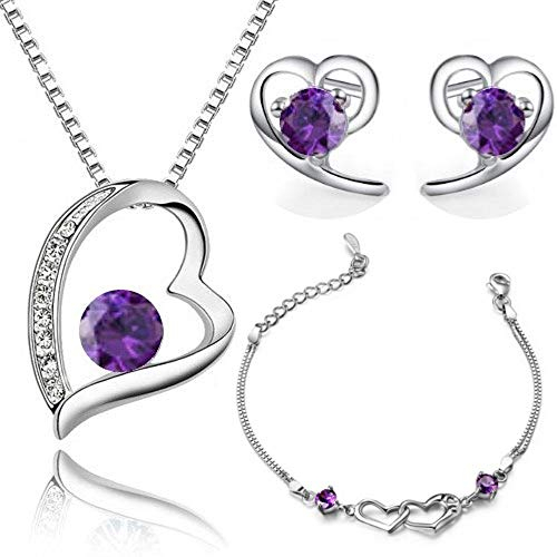 Crystalline Azuria Donna 18ct Placcato Oro Bianco Cuore Parure con Viola Cristalli di Zirconi Collana con Ciondolo 45 cm Orecchini a Lobo Bracciale