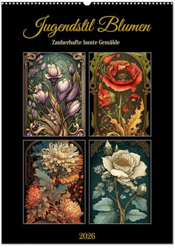 Jugendstil Blumen (Wandkalender 2026 DIN A2 hoch), CALVENDO Monatskalender: Zauberhafte bunte Gemälde (CALVENDO Kunst)