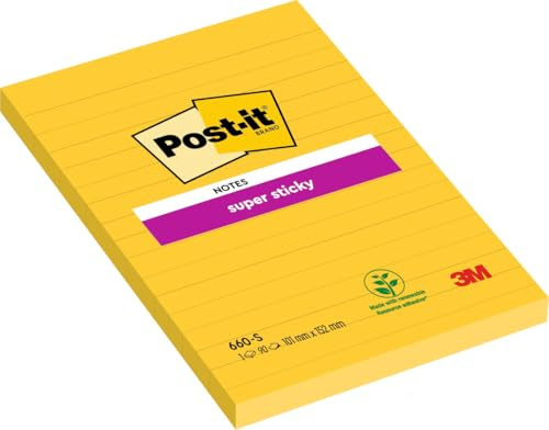 Post-it Super Sticky Large Notes, 6 Pads (540 Sheets), 101 x 152 mm, Yellow | Self-Stick Notes with Stronger Hold for Meetings, Lists and Reminders, Repositionable, Hold on Vertical Surfaces