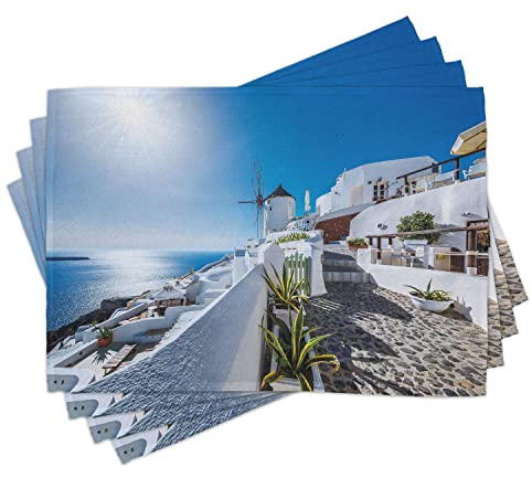 ABAKUHAUS Sommer Platzmatten, Altes Oia-Dorf in Santorini-Insel Griechenland mit ägäischem Seelandschafts-Bild, Waschbare Stoff Esszimmer Küche Tischdekorations Digitaldruck, Azurblau