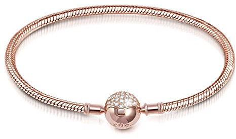 GNOCE Charm Bracelet Sterling Silver Rose Gold Plated DIY Snake Chain Endearing Gifts For Her Basic Charm Bracelet Dainty Bangle with Crystal Round Shape Clasp (2Rose Gold, 20)
