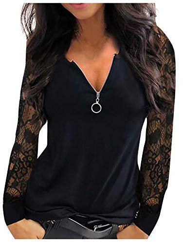 Longshirt Damen Oberteile Tshirt Langarm Shirt Bluse Tunika Tops Damen Mode Casual Lace Mesh Stitching V-Ausschnitt Reißverschluss Langarm (XXL,1Schwarz)
