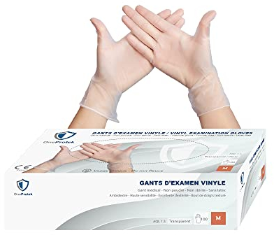 OneProtek Gants jetables en Vinyle - Boîte de 100 gants jetables Taille M - non poudrés, sans latex - Multi-usages et résistants - Protection contre les produits chimiques