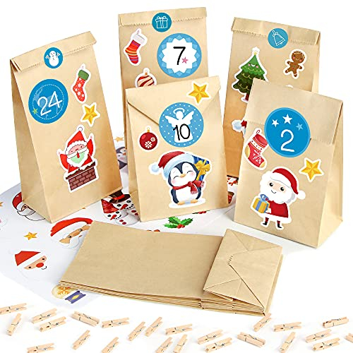 Sprinlot Adventskalender zum Befüllen Papiertüten, 25 Weihnachtskalender Kraftpapiertüten mit Zahlen Aufkleber, DIY Adventskalender Tüten Weihnachten, Adventskalender Selber Basteln