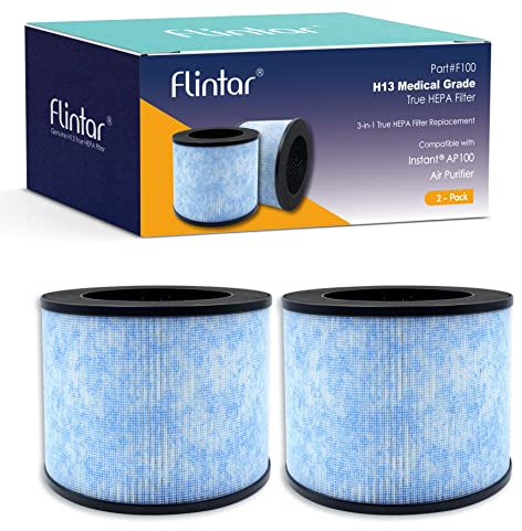 Flintar F100 H13 True HEPA Replacement Filter, Compatible with Instant AP100 Air Purifier, 3-in-1 H13 Grade True HEPA Filter, Part# F100, 2-Pack