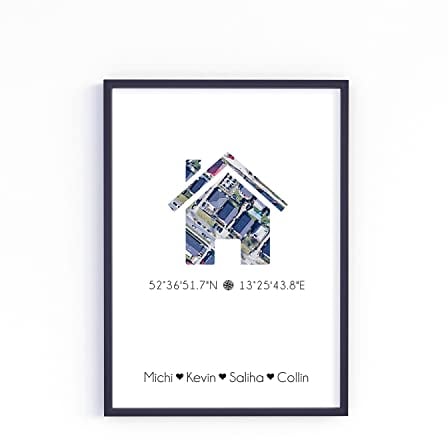 Zuhause Koordinaten Poster personalisiert mit Namen in A4 oder A3 als Einweihungsgeschenk oder Geschenk-Idee zum Einzug Jahrestag Richtfest Umzug
