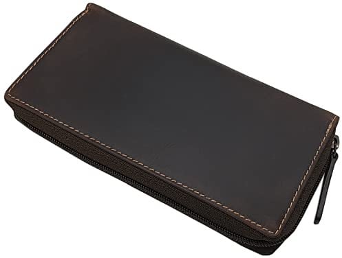 myledershop Grand porte-monnaie en cuir de vachette pour femme - Avec motif lianes ou sans gaufrage - Protection RFID et NFC - Avec kit de couture, Sans gaufrage / marron, Taille unique, Moderne