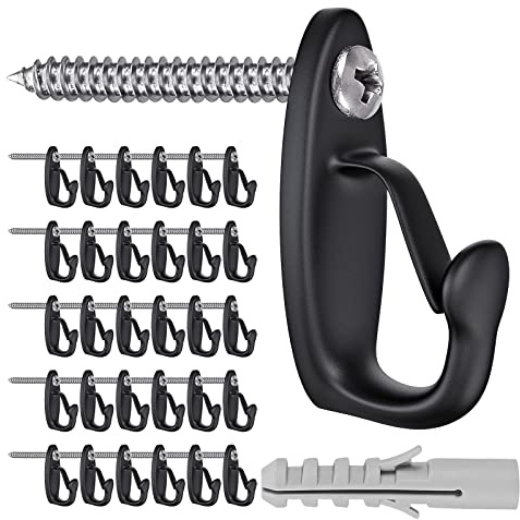 SELEWARE 30 Pack Screw Hooks for Hanging String Lights, Outdoor Windproof Christmas Light Hanger Hooks, Black Wall Hooks for Patio Gazebo Fence to Hang Party Fairy Wire Lights, Wind Chimes