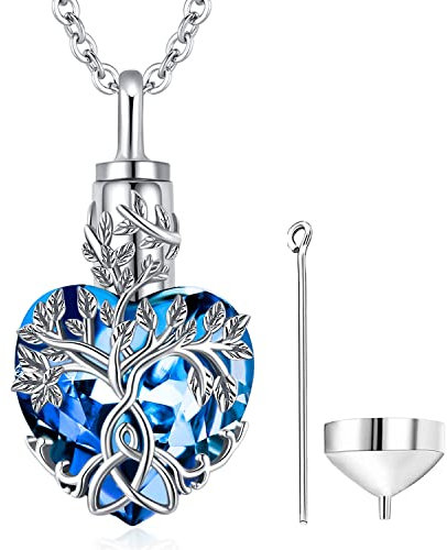 Odinstone 925 Sterling Silver Tree of Life Urn Necklace for Ashes, Heart Austrian Crystal Blue Ashes Pendant Memorial Jewelry with Filling Kit
