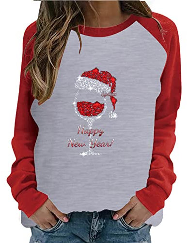 TRIGLICOLEUM Sweatshirt Damen Pullover Tshirt Weihnachtspullover Weinglas Druck Oberteile Raglan Langarmshirt Weihnachten Basic Shirt Herbst Winter Weihnachtspulli Christmas Pulli Tops Happy New Year