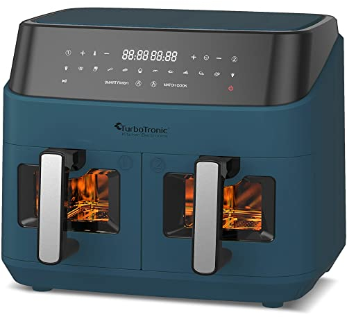 TurboTronic Heißluftfritteuse XXL doppel Airfryer 1600W / 9L (2x 4,5L Kammer) 10 Programme digitale Heißluft Fritteuse ohne Fett Öl Dual Luftfritteuse Air Friteuse Power Blue