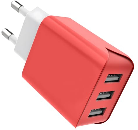 Cargador USB de Pared 3 Puertos Cargador USB 15W/ 3A Cargador Móvil Adaptador de Corriente para Enchufe USB de Viaje en el hogar para iPhone 11 Pro MAX XS MAX XR iPad Pro Air Mini Samsung LG (Red)