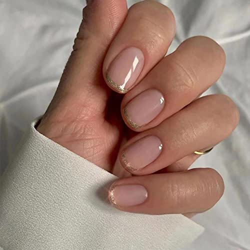 24Pcs Press On Nails - Nude Pink Short Length Fake Nails with Gold Glitter Powder Edge - Square False Nails with Glue - Fashion Fake Nails for Women Girls
