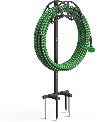 Mr IRONSTONE Gartenschlauchhalter, 4 Spikes, Wasserhalter, hält 38 m Schlauch, freistehender Ständer aus robustem Stahl, erweiterbar für den Außenbereich, Hof, Rasen (schwarzes Metall)
