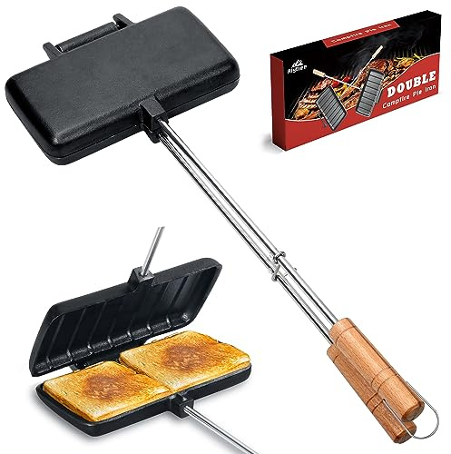 Alytree Double Pie Iron for Camping Cast Iron, Pre-seasoned Cast Iron Campfire Sandwich Maker, Mountain Pie Maker, Portable Campfire Cooking Equipment Camp Cooker