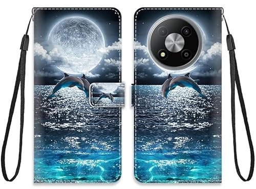 KARTXITAI Hülle Kompatibel mit ZTE Blade A73 5G,Leder Handyhülle mit Kartenfach Geld Slot Ständer PU Ledertasche Wallet Flip Magnetische Muster Schutzhülle-Delfine,Meer Mond,Himmel