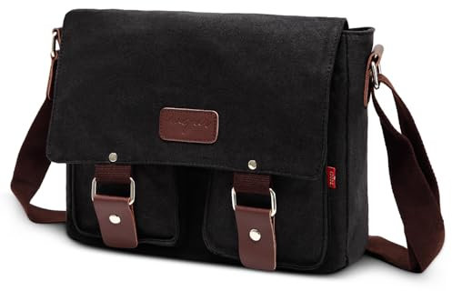 FOLOVEYA Retro Umhängetasche Herren Schultertasche Segeltuch Kuriertasche für 12.9 Zoll Tablette Canvas Messenger Bag Reise Arbeit Geschäft Multi-Tasche Aktentasche Schwarz