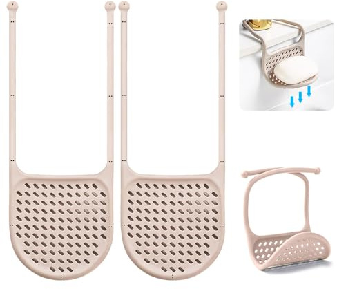 WALLFID Pack of 2 Silicone Sponge Holder for Kitchen Sink, Adjustable Suction Cup Sponge Caddy for Sponges, Scrubbers, Soap, Kitchen, Bathroom (Light brown)