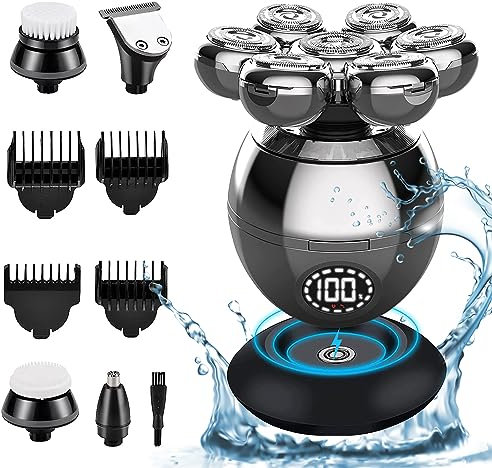 Rasoir Electriques Hommes, 5 in 1 Rasoirs à Têtes Rotatives, 7D Tondeuse Cheveux Hommes, IPX7 Étanche Rasoir Electriques Rechargeable Type-C et tondeuse nez Ave écran LED et Sec et Humide Portables