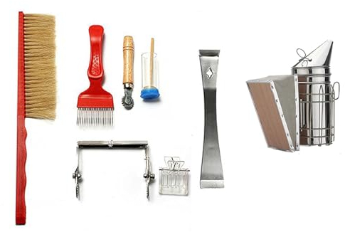 Imker Werkzeug, Bienenstock-Raucher, Raucher,Imker Zubehör Set Bienenbesen, Multifunktionswerkzeug/Stockmeißel, Rauchstoff und Bio-Anzünder - Einsteiger-Set Imkereibedarf