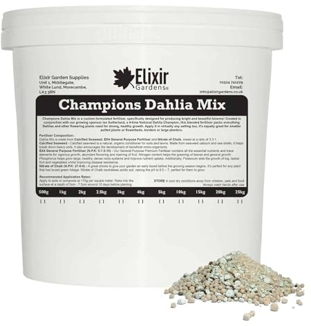 Elixir Gardens Champions Dahlia Mix | Blended Fertiliser/Feed for Tuber/Tuberous Plants & Flowers inc. Dahlia, Zinnia, Begonia, Tulips, Daffodils 1kg Tub