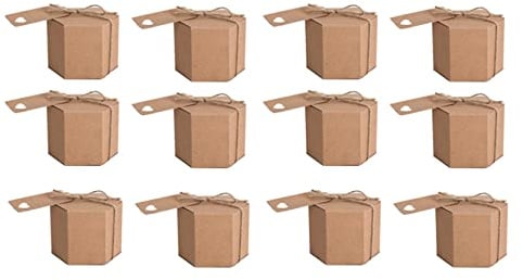 Sefdrert 100 Stück Kraftpapier-Süßigkeiten-Box, sechseckiger Karton, Süßigkeiten-Box, Geschenkbox, mit Schnur und Etikett, Hochzeits-Partyzubehör