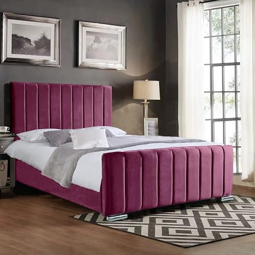 A. H Beds Panel Line Upholstered Double Bed frame with Headboard and Foot board - Double 4FT6 Bed - Wooden Bed Frame Double Bed - Claret Plush Velvet