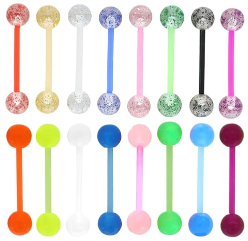 Cncedi Tongue Bar, 16 mm Plastic Tongue Ring Nipple Bar, Glow in the Dark | 16Pcs Glitter Acrylic Piercings Bars, Colorful Tongue Bar Plastic Piercing Jewellery for Women Men Girls