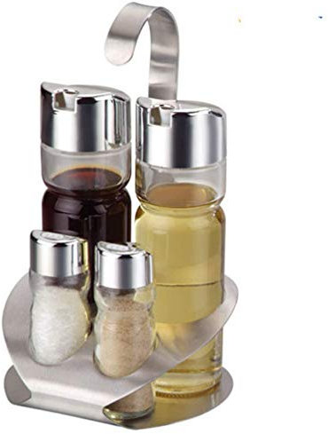 Cruet Set with stand-4or5-piece Stainless Steel Kitchen Spice Bottles Set-Salt and Pepper Shakers Oil and Vinegar Box Condiment Server Holder-Cooking Tools
